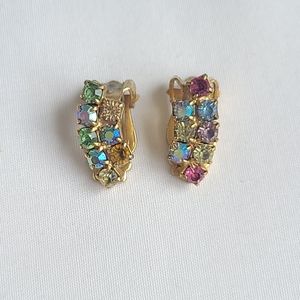 SALE!! Vintage Mid Century  Mulit Color Rhinestone Clip On Earrings